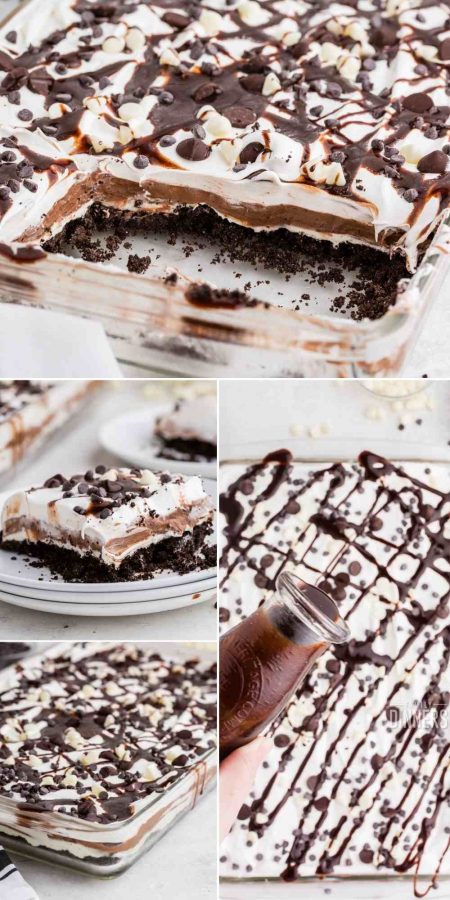 square slice of 4 layer no bake layered chocolate and whipped cream dessert on a white plate.