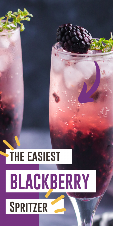 photo of two champagne glasses filled with blackberry cocktail that's dark purple on bottom and lighter pink on top. Text says blackberry spritzer recipe
