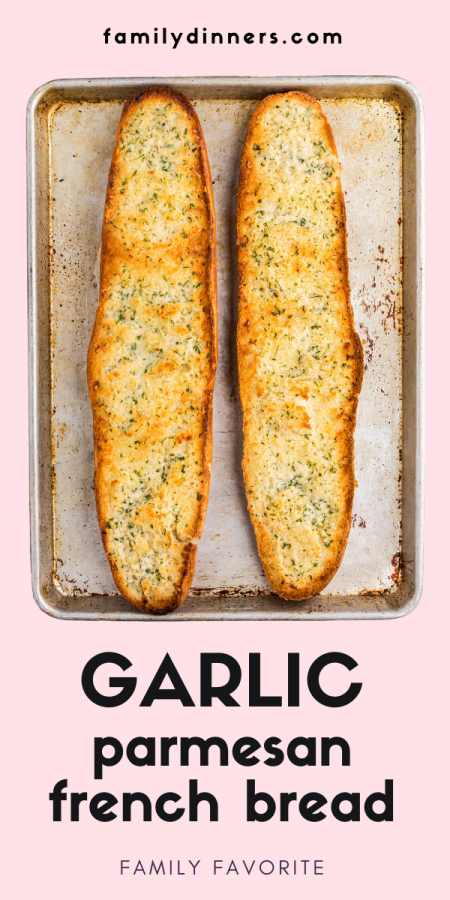 2 halves of a french bread open and toasted with garlic and parmesan