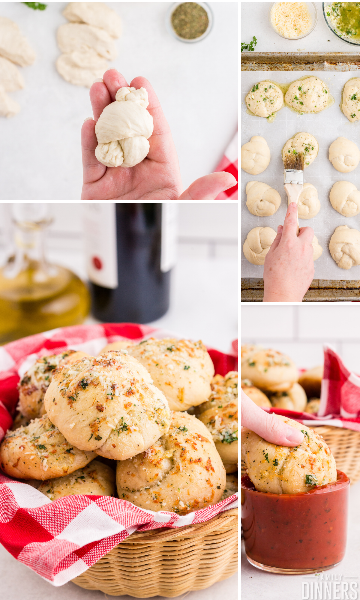 recipes with pizza dough collage - top left - hand holding tied garlic knot - top right: hand brushing butter onto garlic knots - bottom left: basket of garlic knots - bottom right: hand holding garlic knot dipping into marinara sauce - easy garlic knots recipe