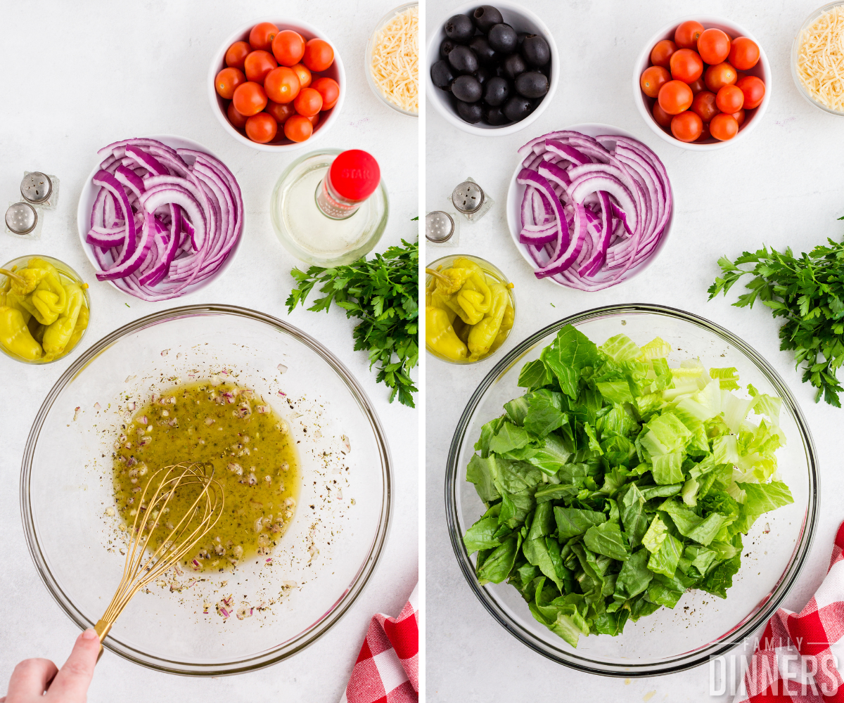 left photo: whisk in bowl mixing homemade salad dressing, right image: romaine lettuce in a bowl