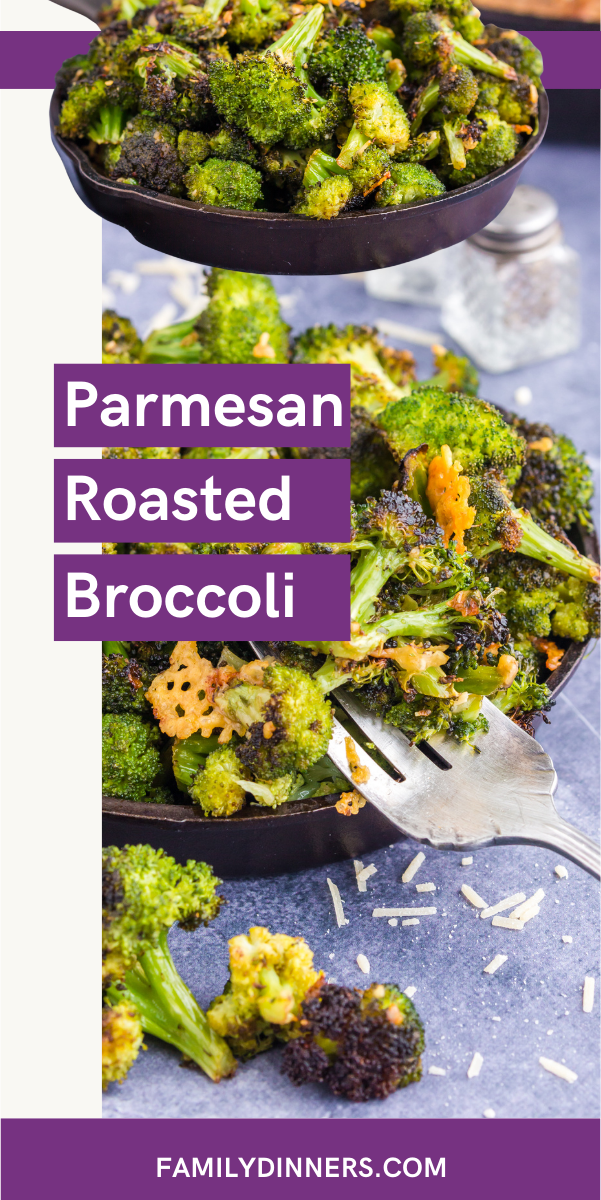 black cast iron pan with parmesan roasted broccoli on top