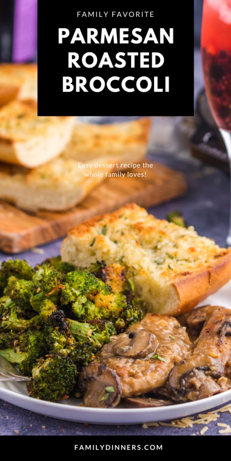 black cast iron pan with parmesan roasted broccoli on top