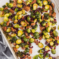 baking sheet covered in roasted brussels sprouts