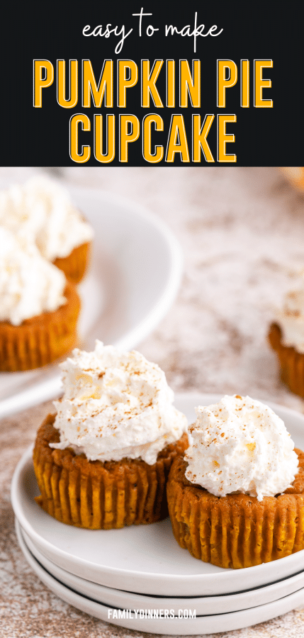 Two pumpkin pie cupcakes on a stack of three plates. Little pies have whipped cream on top.