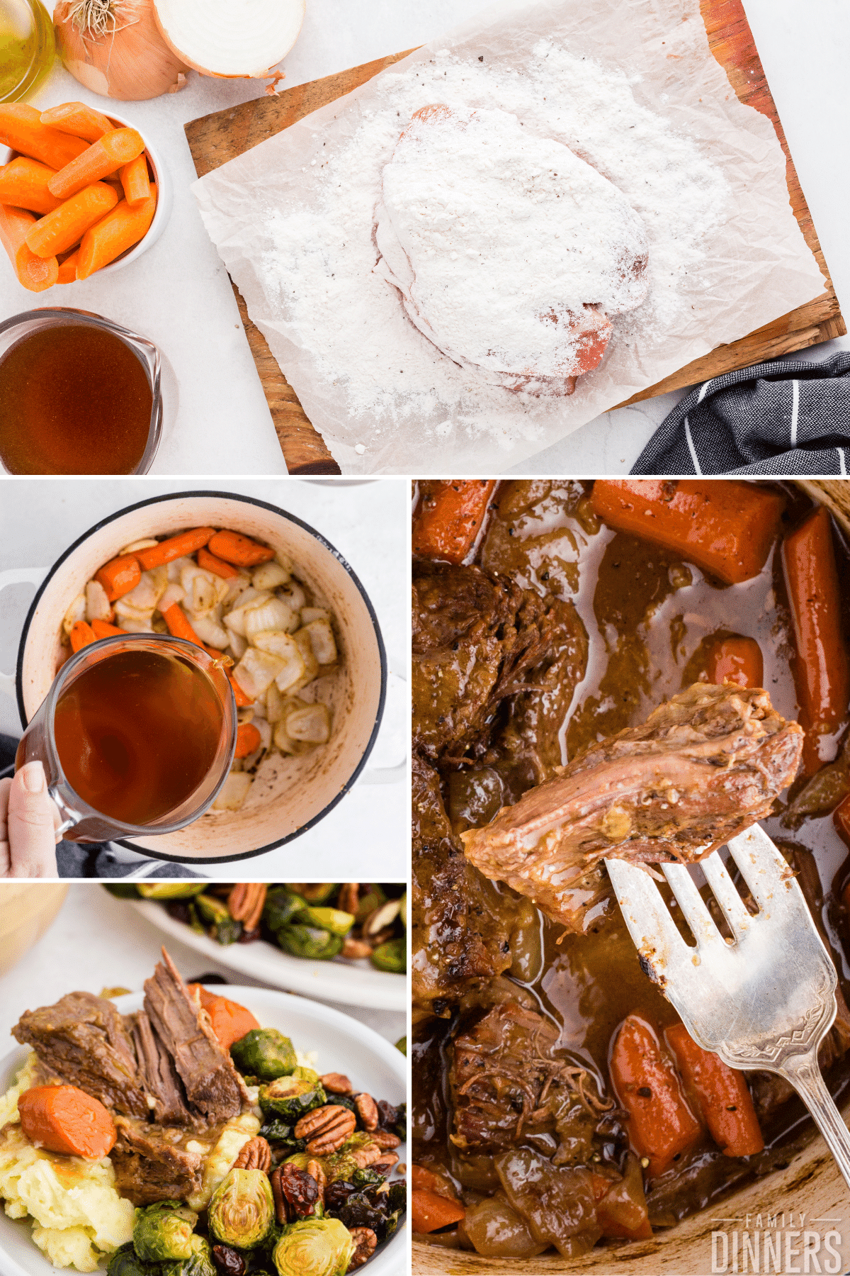 pot roast progression from flouring meat to cooking in dutch oven