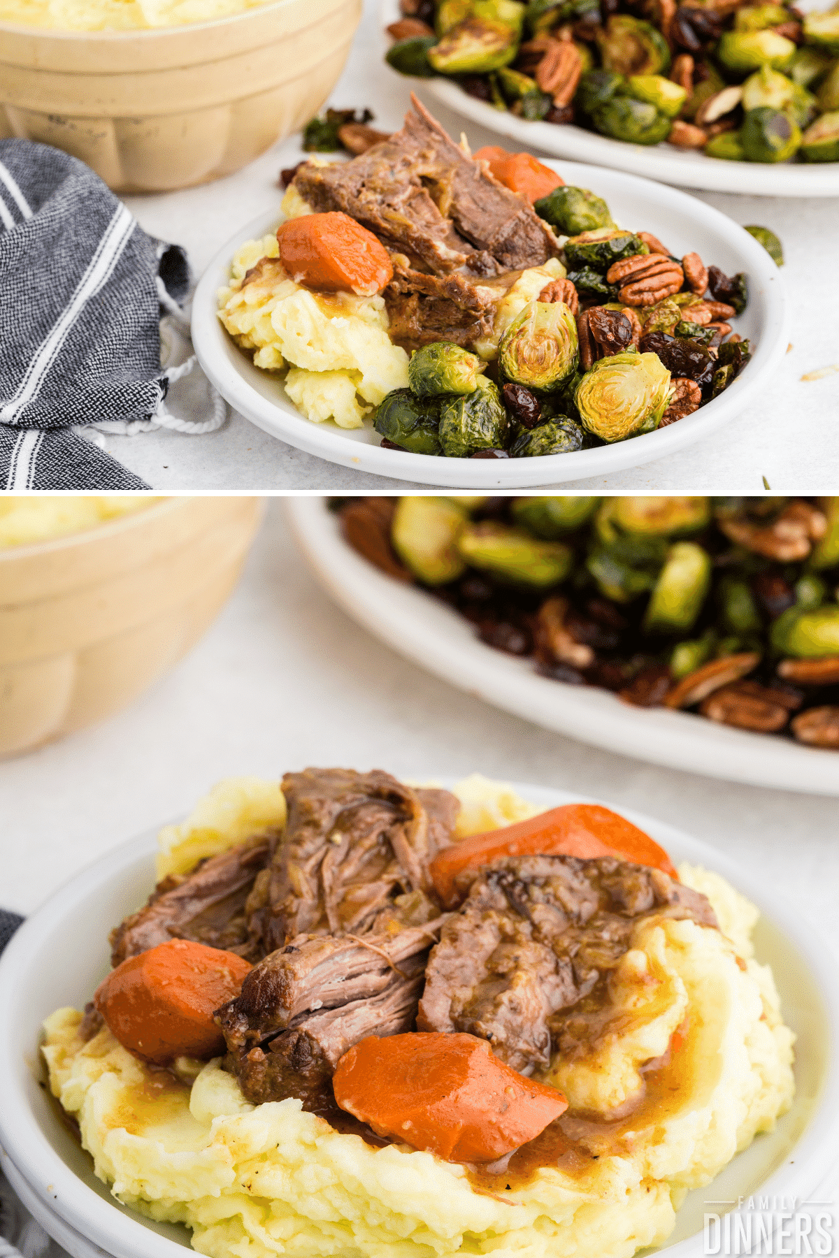 pot roast on a bed of mashed potatoes, carrots and roasted brussels sprouts