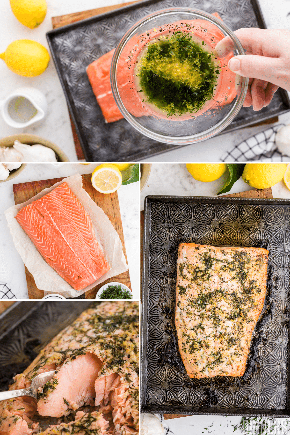 baked salmon with lemon collage - top raw salmon with bowl of salmon seasoning of melted butter, garlic, pepper and dill. 2- raw salmon on parchment paper. 3- oven baked salmon covered in dill butter being flaked with a fork. 4- oven baked dill salmon on decorative baking sheet. Cut lemon next to it.
