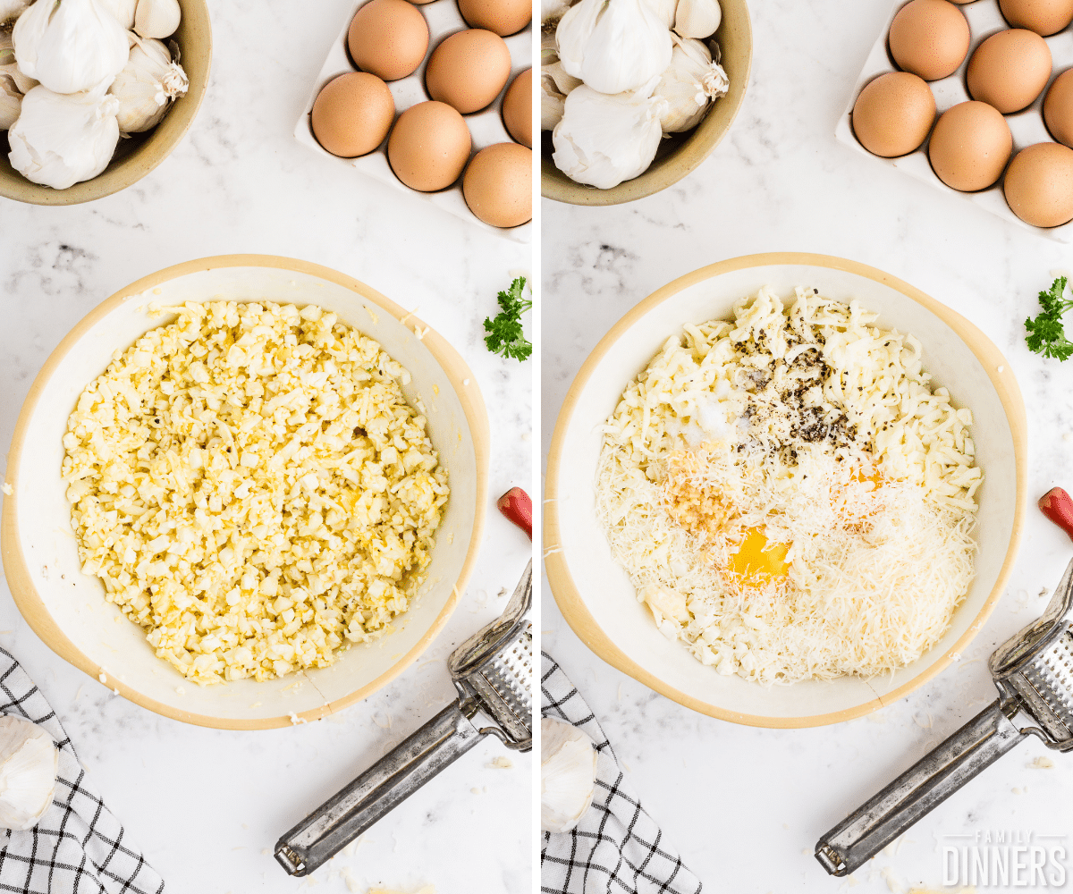 bowl with cauliflower and cheese and ingredients
