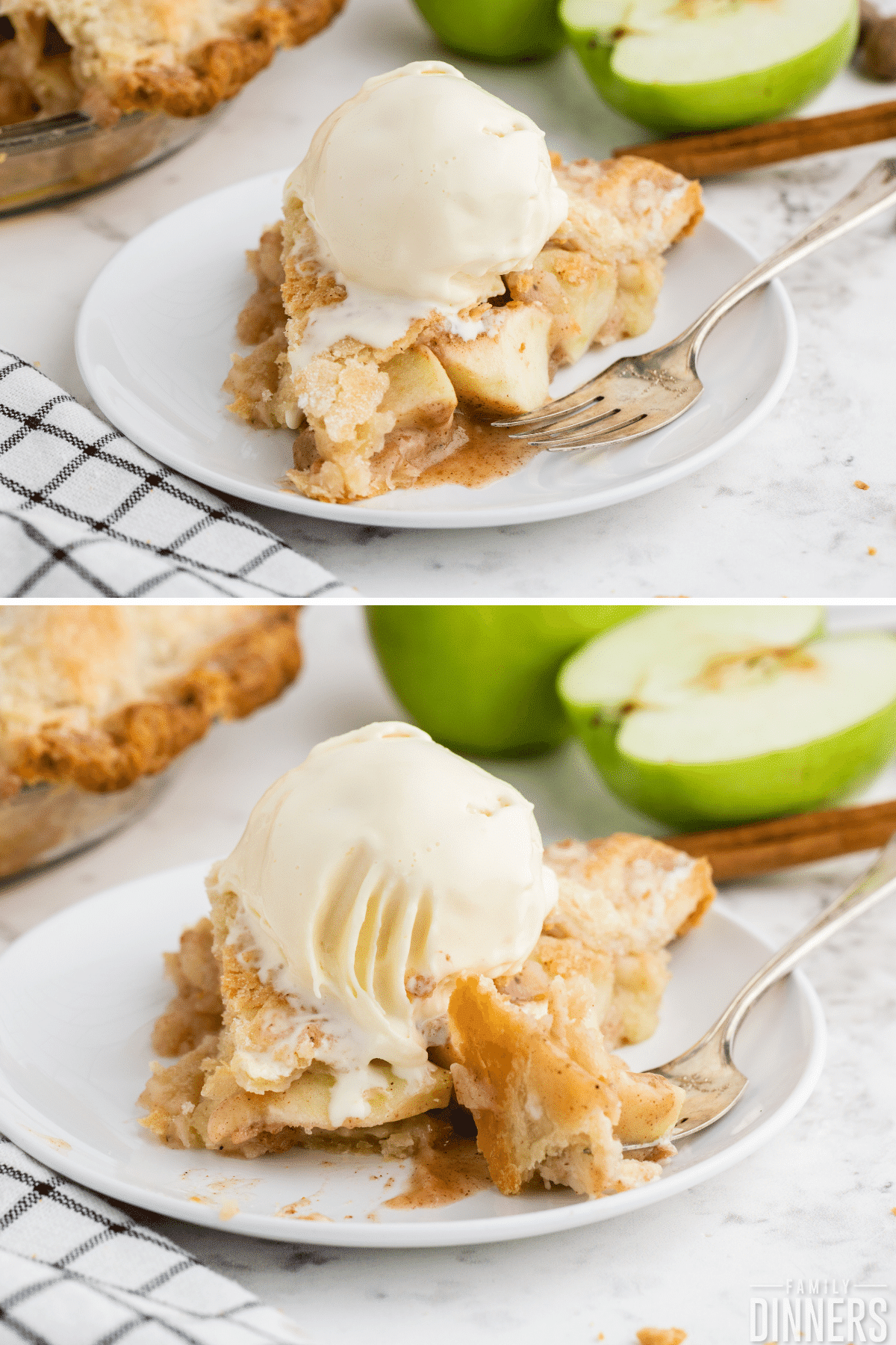 apple pie slice on white plate with vanilla ice cream scoop
