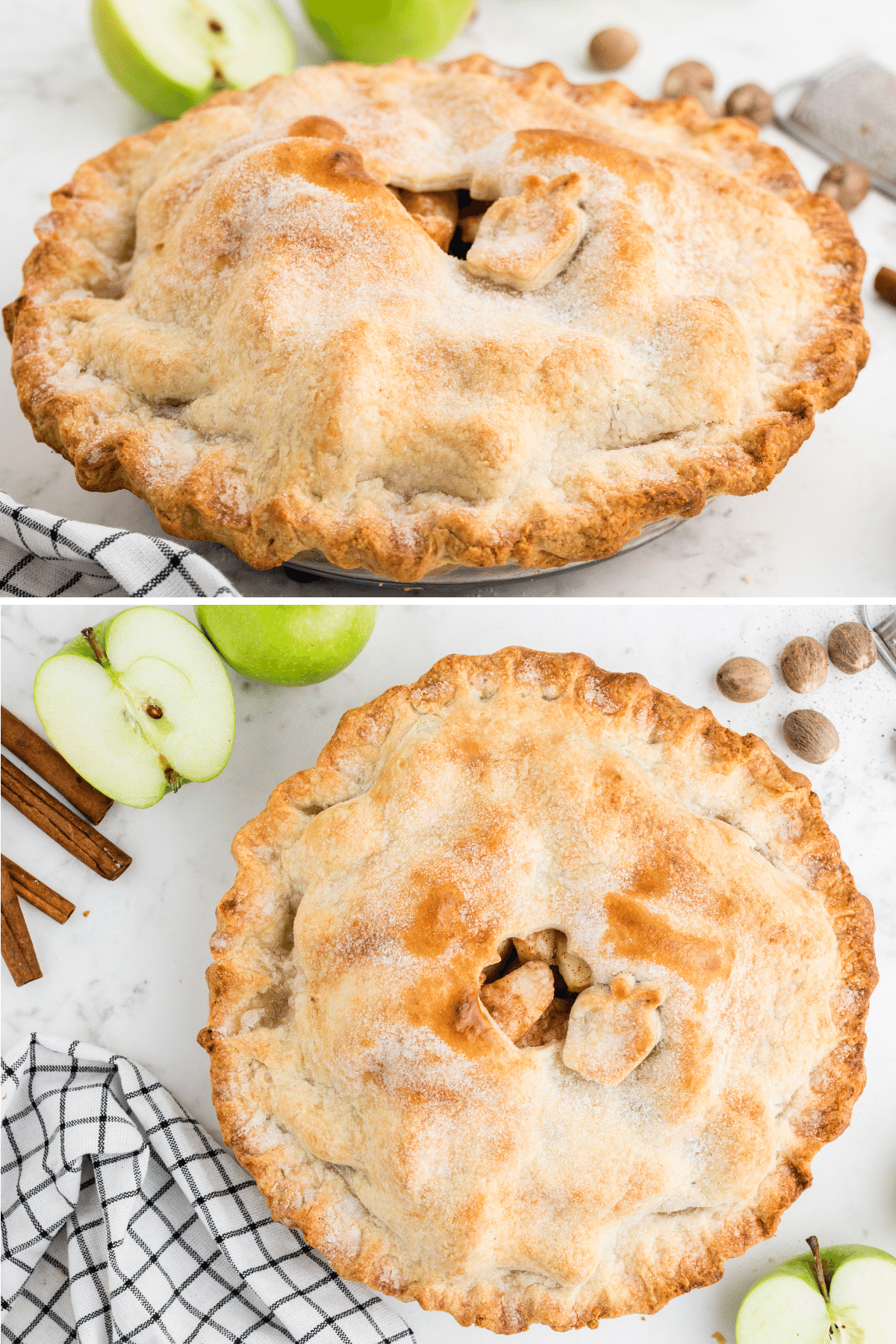 2 image collage of simple apple pie. Both are of apple pie in a glass pie dish with a golden pie crust and a little apple shape cutout on top.