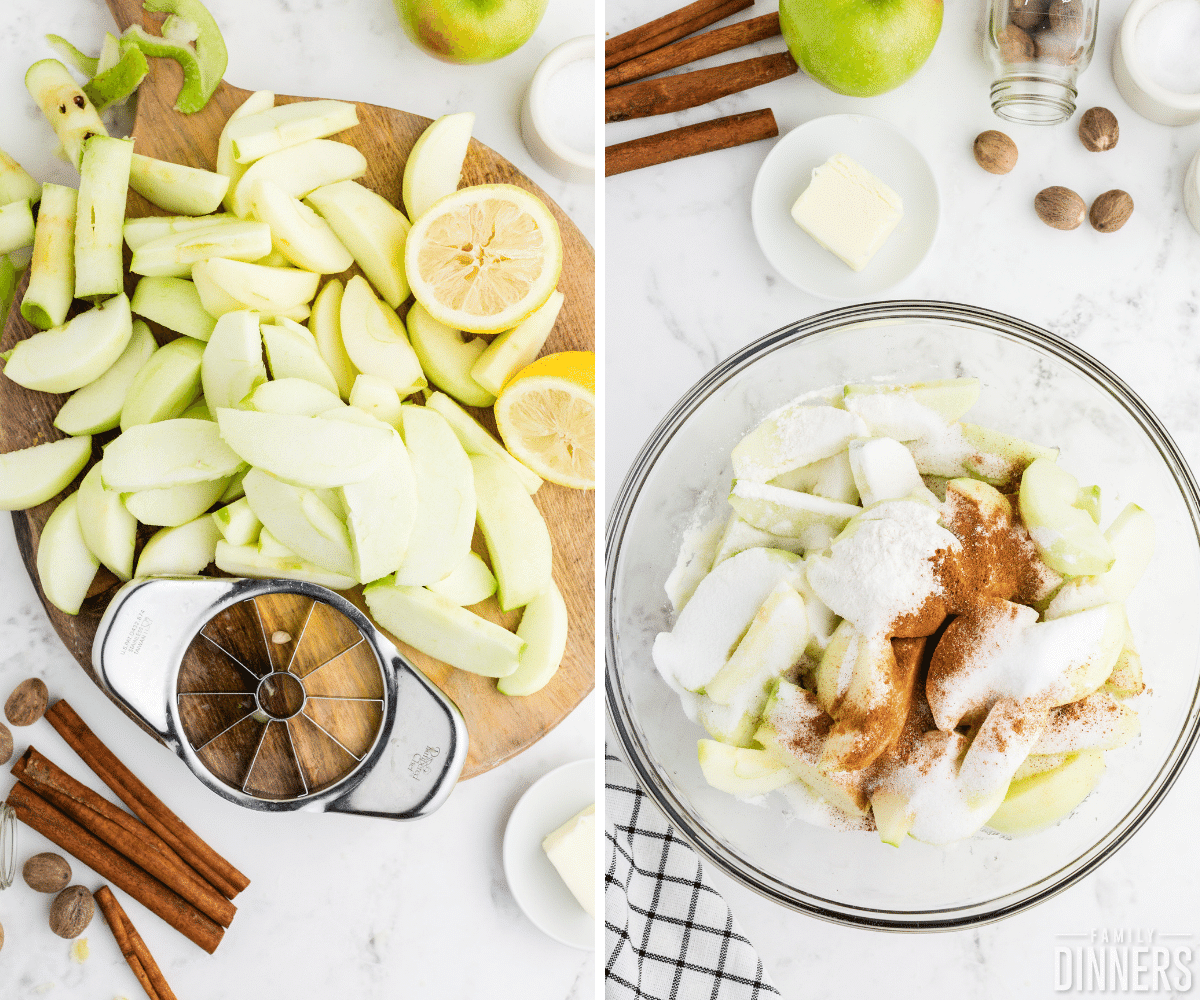 how to make apple pie instruction images - apples sliced and mixed with sugar and cinnamon to make apple pie filling