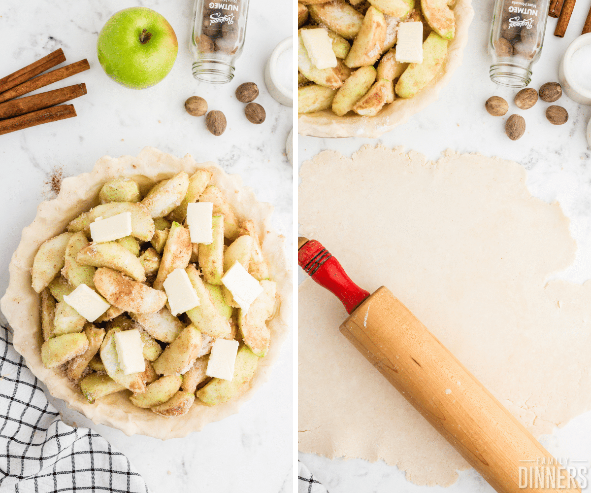 how to make apple pie instruction images - apple pie slices in pie crust, next image of pie crust and rolling pin rolling out top pie crust