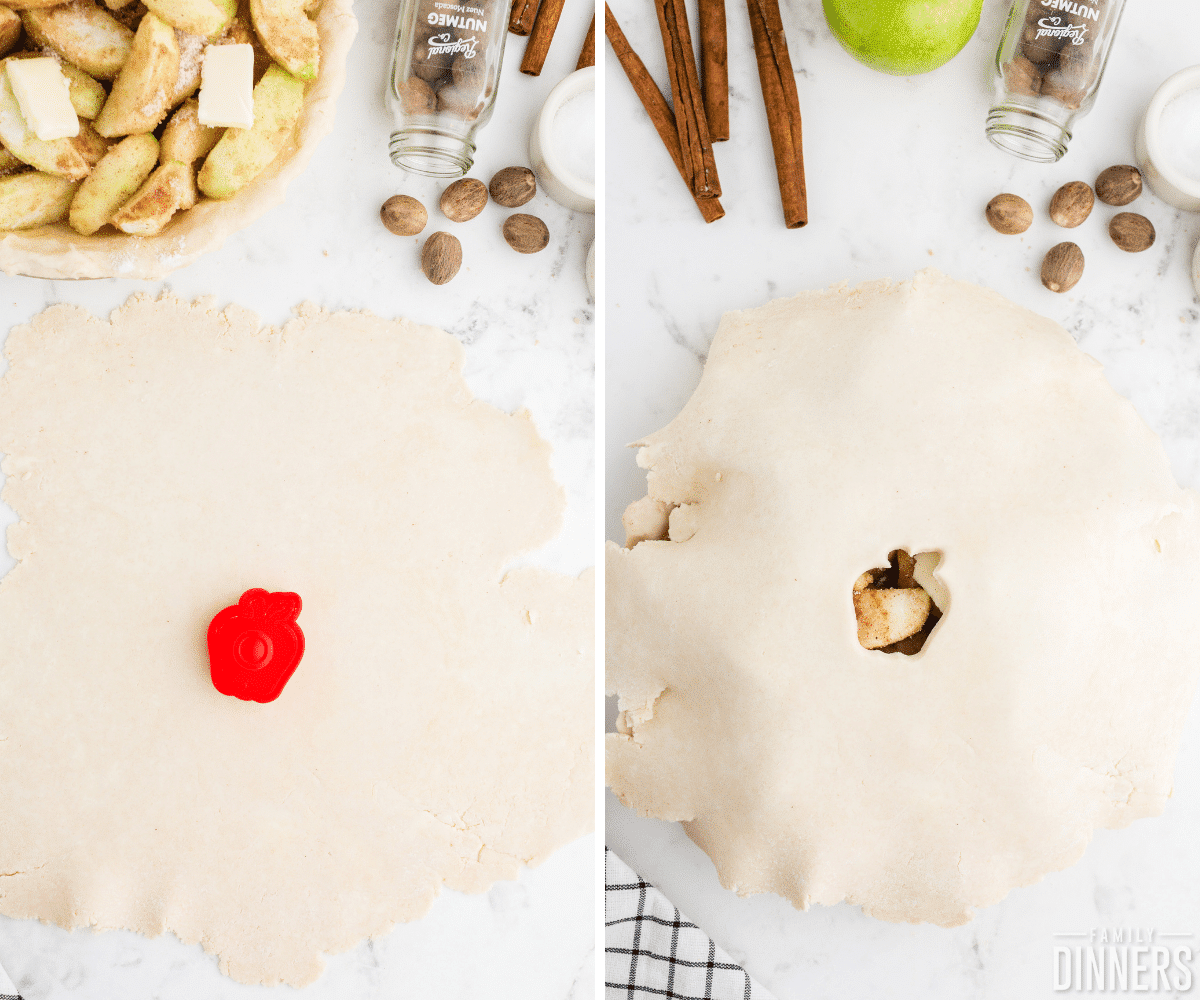 how to make apple pie instruction images - Little red apple cookie cutter on top of rolled out pie crust. Then pie crust on top of pie uncooked.