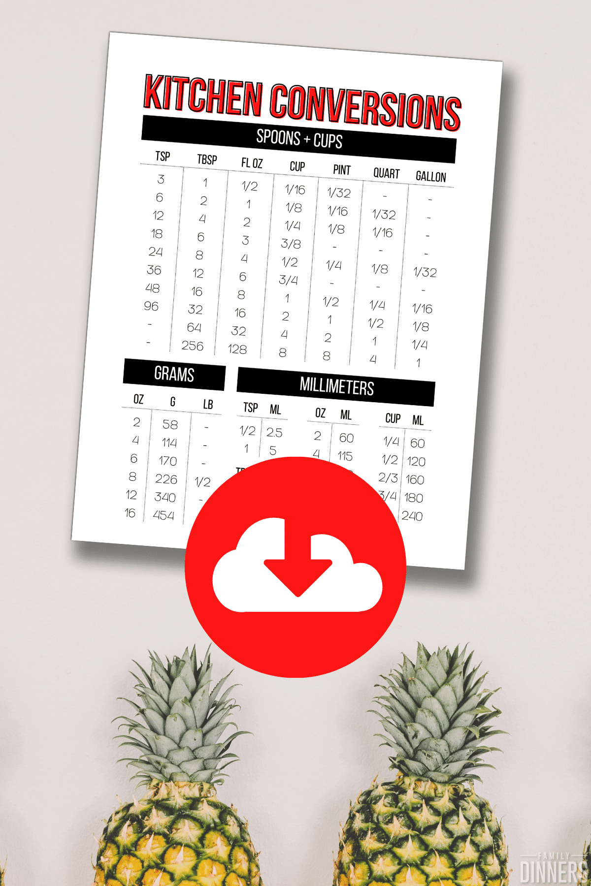 red text says download kitchen conversions chart printable on pineapple background