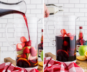 red wine sangria pouring ingredients into glass pitcher