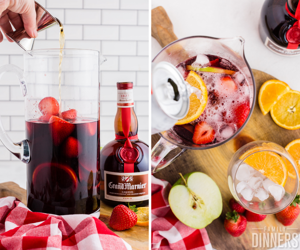 pouring grand marnier and soda into red wine sangria