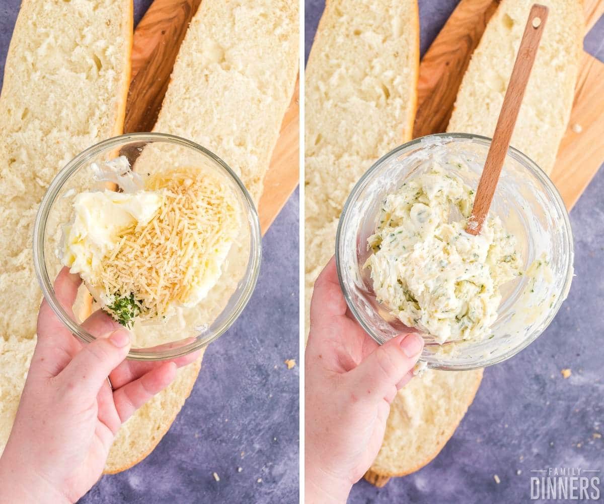 steps for how to make parmesan garlic butter. Open fresh french bread in background. Hand holding bowl of butter, spices and parmesan cheese. Second image of butter mixed.
