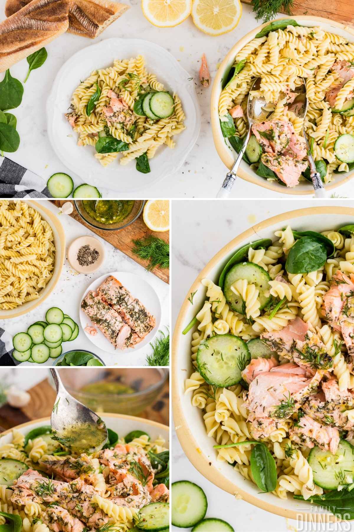 two image collage. Top image of large bowl of mixed salmon pasta salad with cucumber salad and spinach next to a small plate with cold pasta salad on it. Next image of salmon leftovers with salmon pasta spinach and cucumbers ready to be tossed. Next image of cold pasta salad dressing drizzled on top of bowl of pasta dish.