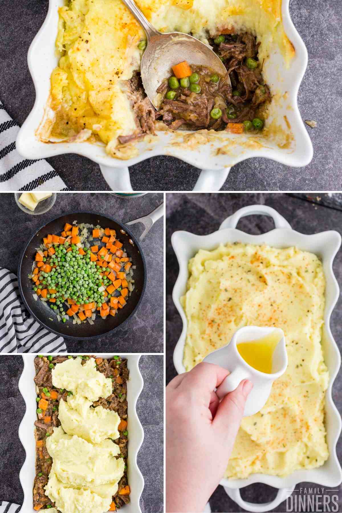 Easy cottage pie recipe (Shepherd's pie recipe) in a casserole dish with pot roast leftovers beef, peas and corn covered in potatoes
