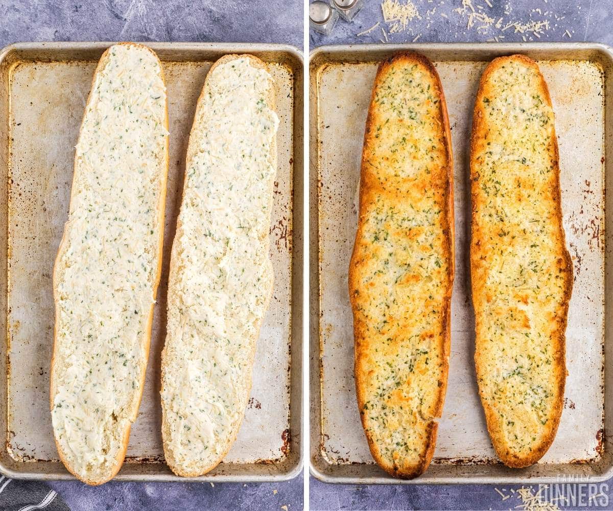 left image of uncooked garlic french bread. Bread open on baking sheet with garlic butter spread onto french bread. Image on right is cooked golden garlic cheese bread recipe.