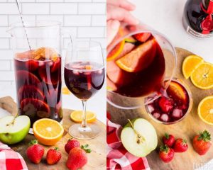 recommended recipe - red wine sangria being poured from large clear glass pitcher into wine glass full of fruit and ice