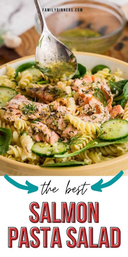 Top image of large bowl of mixed salmon pasta salad with cucumbers and spinach next to a small plate with pasta salad on it. Bottom image close up of large bowl of salmon pasta salad.