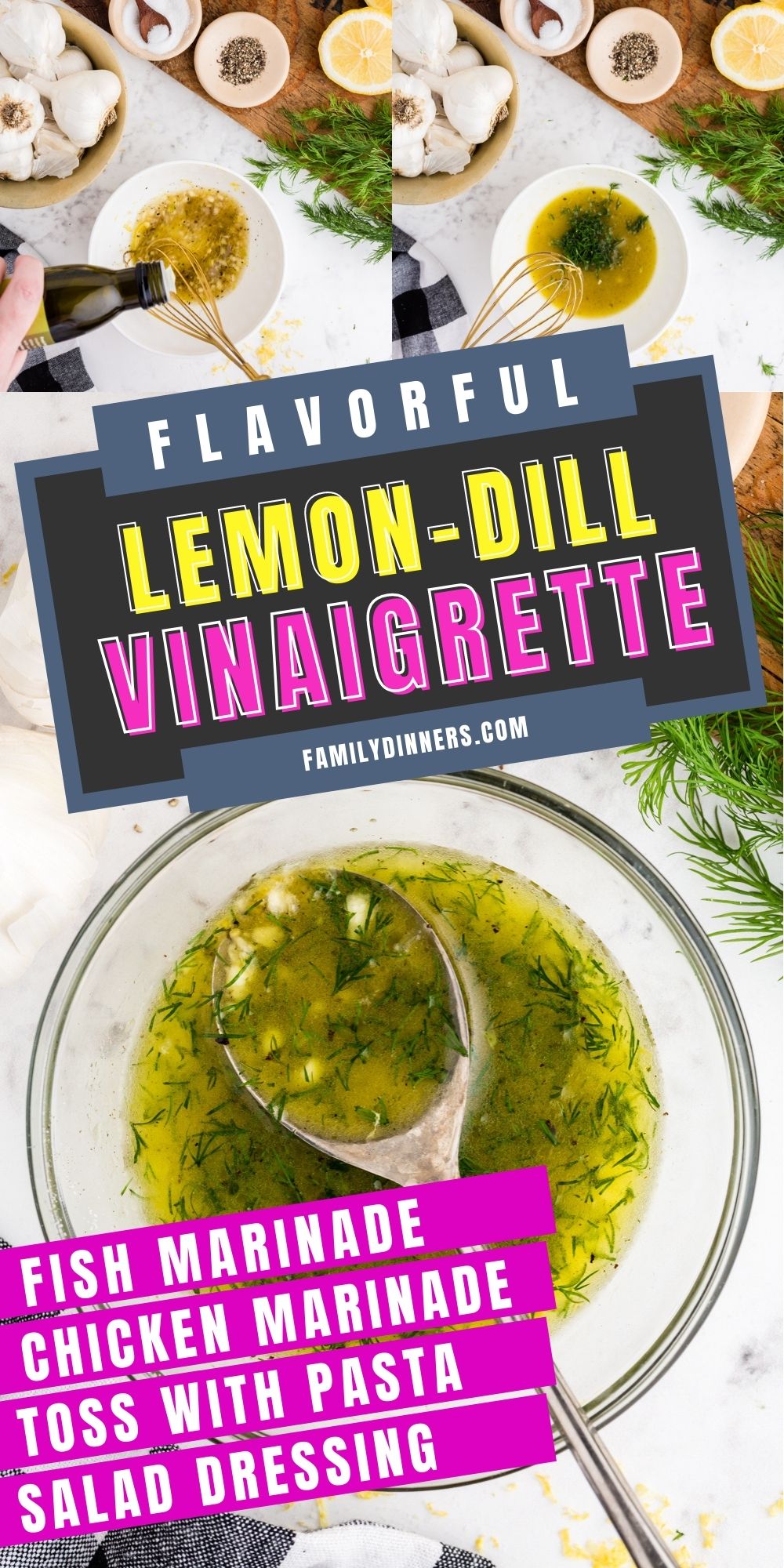 overhead image of lemon dill vinaigrette ingredients including whole garlic in a bowl, sugar in a small bowl, pepper in small bowl, cut lemon, fresh dill and a bowl of ingredients being mixed with gold SPOON: Text says "flavorful lemon-dill vinaigrette - salmon marinade, chicken marinade, toss with pasta, salad dressing
