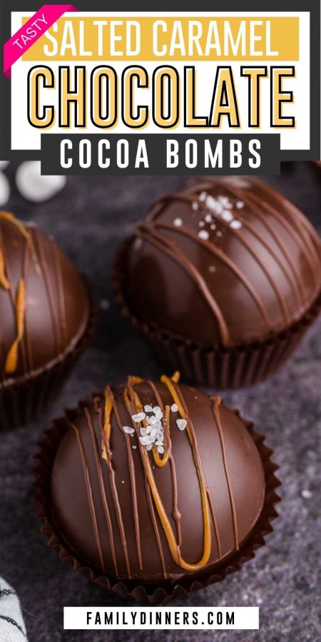 text: salted caramel hot chocolate bombs recipe IMAGE: chocolate round spheres