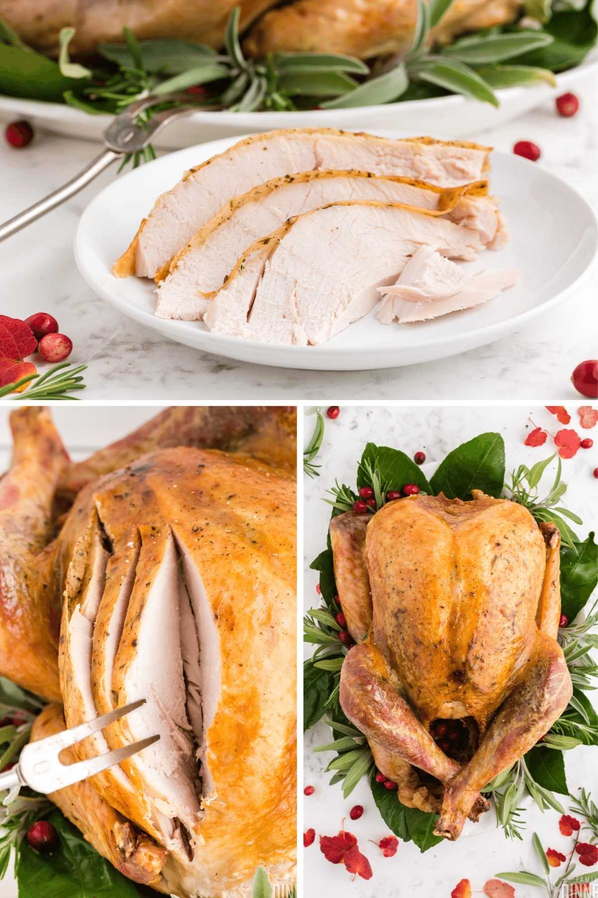 collage. top image of turkey slices on a white round plate with turkey in the background. Next image of closeup of slices into the turkey breast with two prong fork holding it open. Third image of full golden roasted turkey on bed of greens.