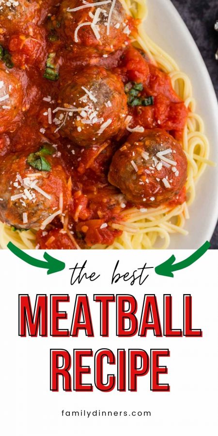 text: the best meatballs everyone loves: image: meatballs in marinara sauce