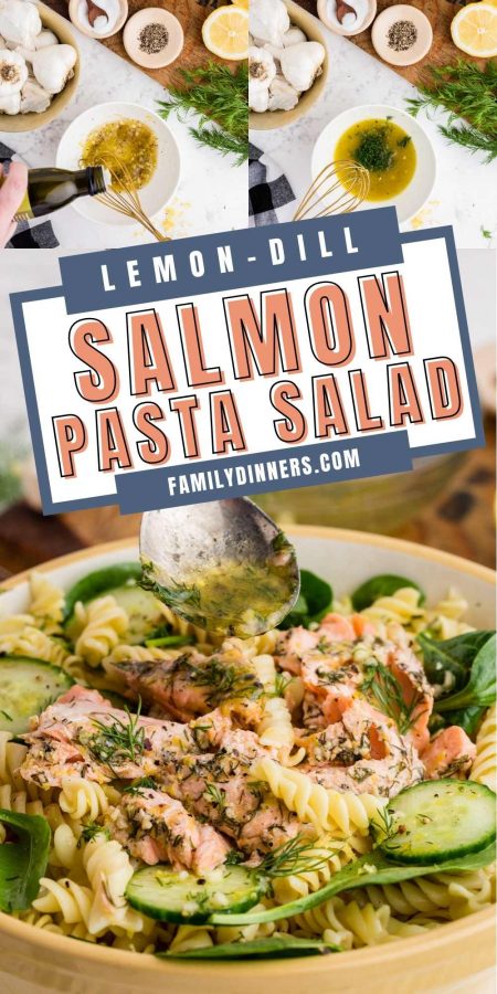two image collage. Top image of large bowl of mixed salmon pasta salad with cucumbers and spinach next to a small plate with pasta salad on it. Bottom image close up of large bowl of salmon pasta salad.