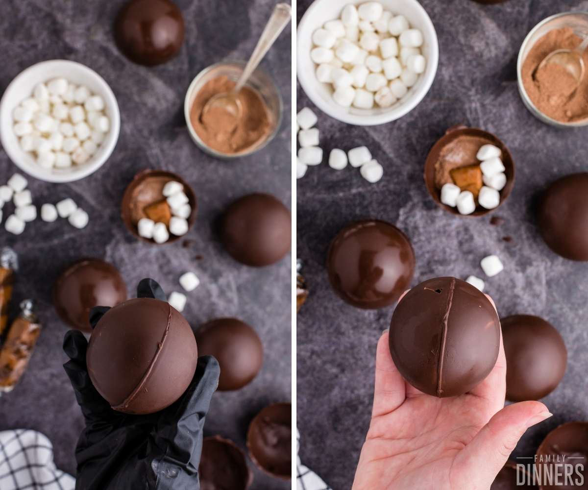 image 7 and 8 in how to make salted caramel hot chocolate bombs. Left image of black gloved hand holding two halves of chocolate spheres together. Image on right of ungloved hand holding sealed hot chocolate bomb.