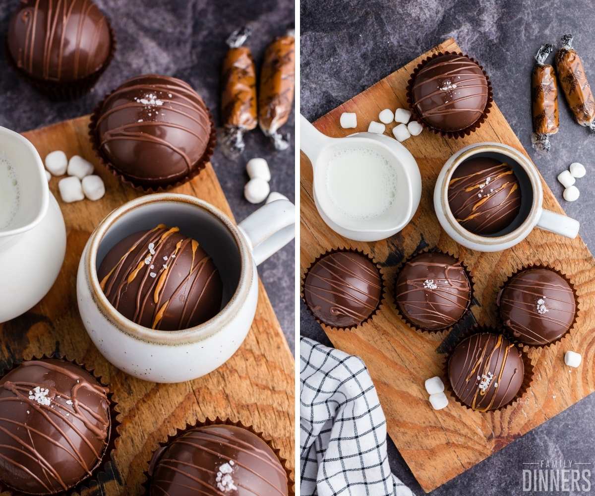image 11 and 12 in how to make hot chocolate bombs. Left image of completed hot chocolate bomb in white mug on a wood board surrounded by other hot chocolate bombs. Right image of chocolate ball in mug next to white pitcher of milk.