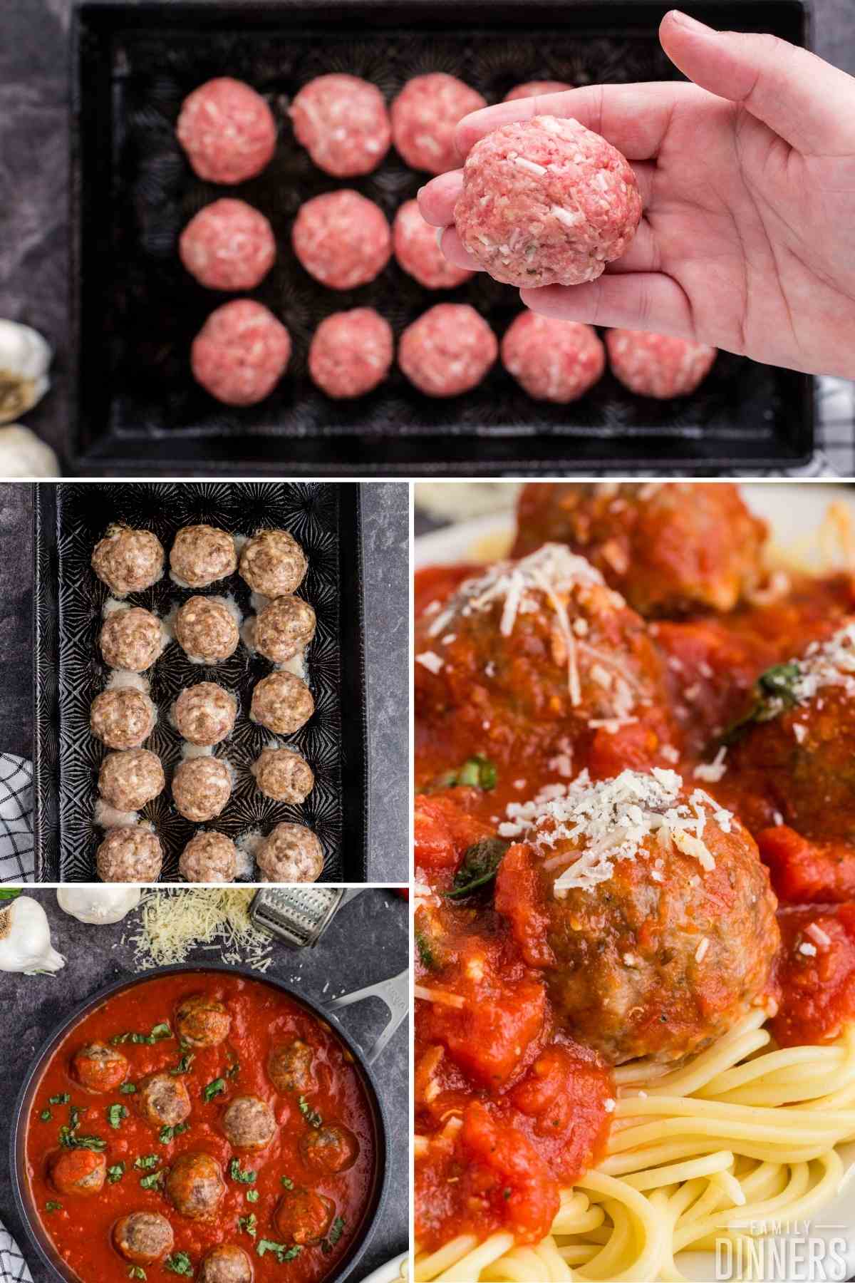collage - top left image of hand holding large uncooked meatball. Tray of 3 rows of 5 meatballs below the hand. Bottom left image of cooked golden meatballs on baking sheet. Right image of black large pan full of marinara sauce and meatballs with bits of basil.