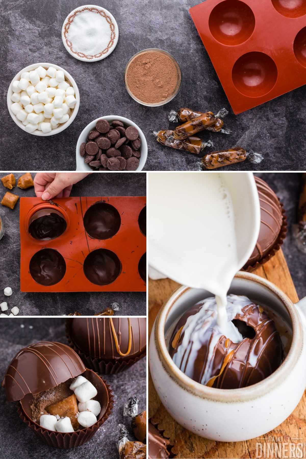 collage of the process of making DIY hot chocolate bombs recipe. Top image of ingredients (marshmallows, chocolate pieces, sea salt, cocoa mix and caramel). Second image of red silicone hot chocolate bomb mold with chocolate bombs being pulled out. Third image of fillings inside an open hot chocolate bomb. Final image of milk being poured over a hot cocoa bomb inside a white mug