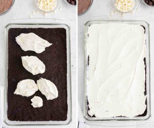 left image: whipped cream layer scooped on top of oreo cookie layer. Rights image of whipped cream spread on top of cookie layer.