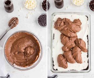 left image: pudding mixed in a bowl. Right image of pudding spread on top of chocolate lasagna.