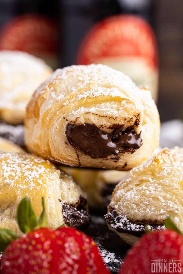 chocolate puff pastries with gooey chocolate oozing out