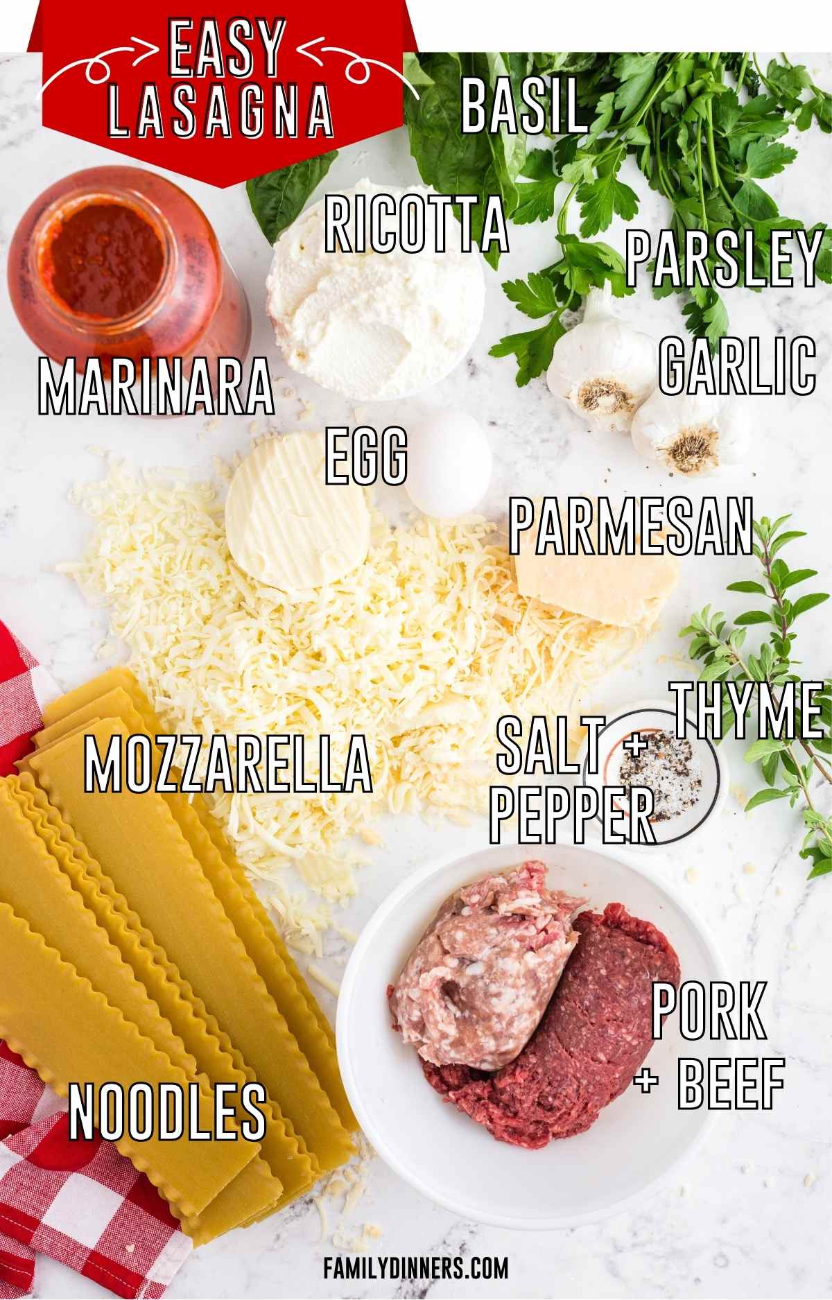 lasagna ingredients - cheeses, marinara, noodles, spices, meat, egg