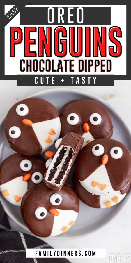 chocolate dipped oreo penguin cookies on a plate