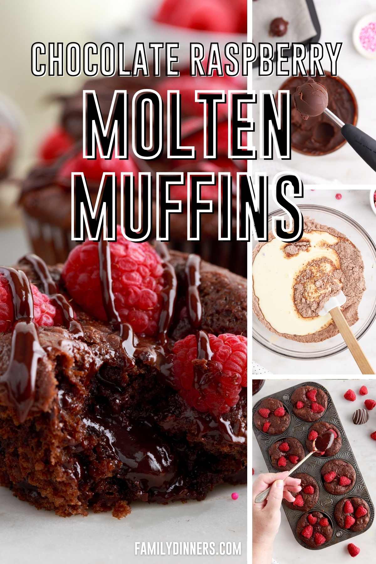 collage of chocolate raspberry molten muffin steps