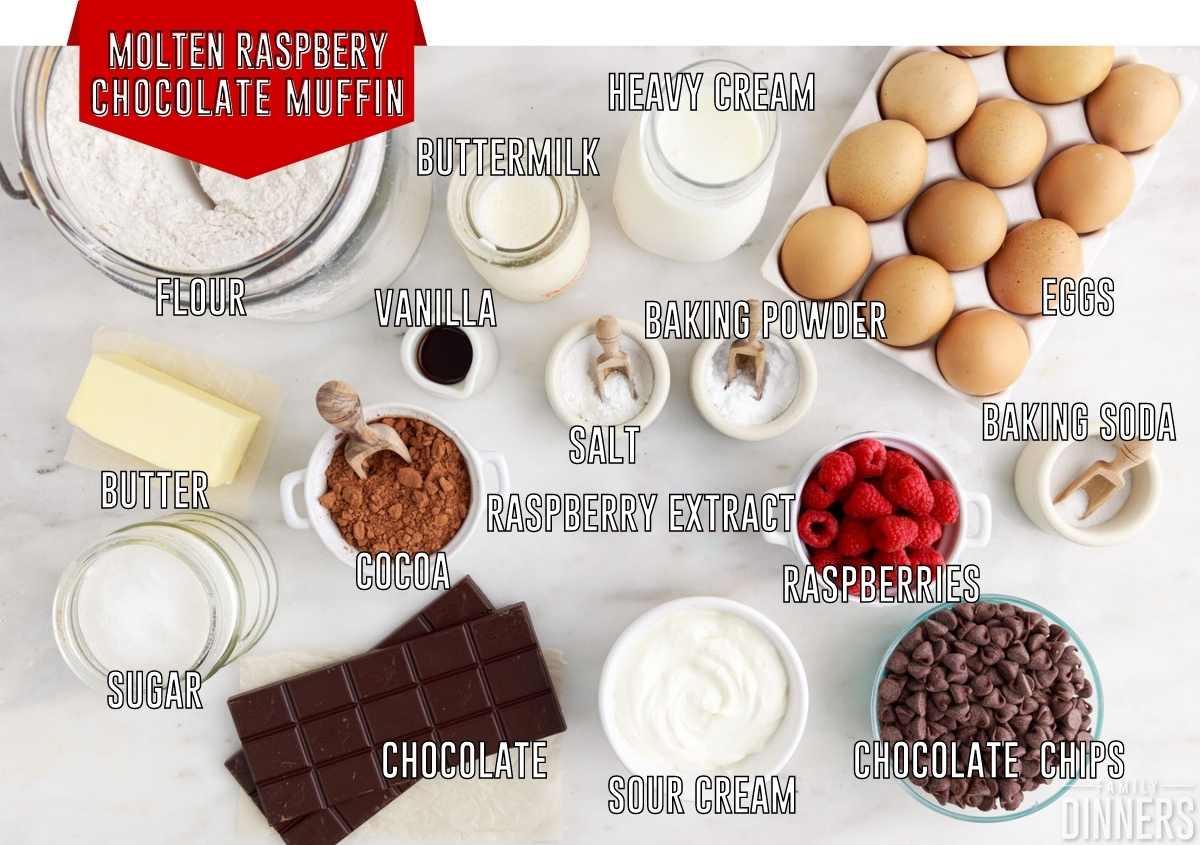 ingredients for chocolate raspberry molten muffins on marble 