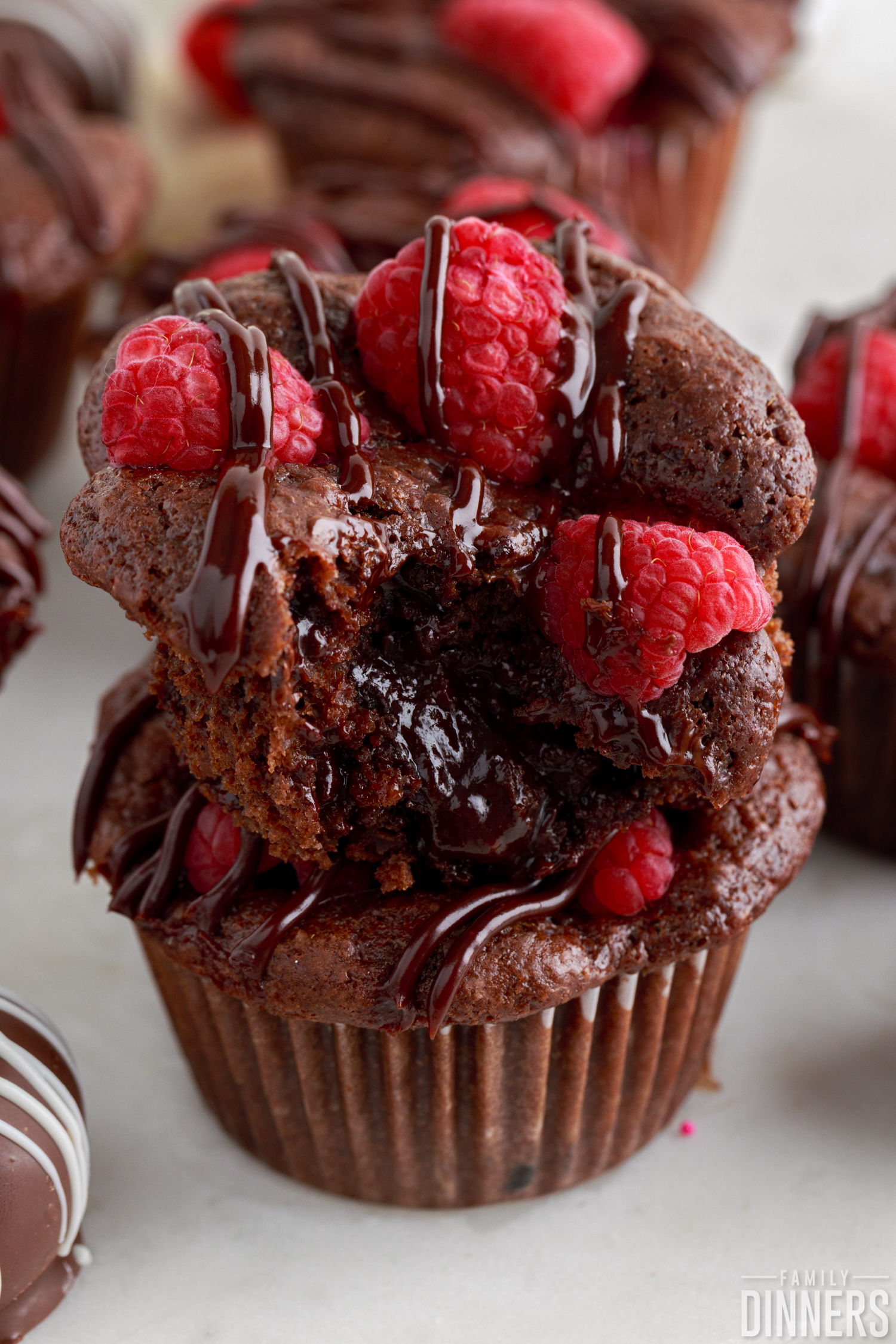 Stack of chocolate raspberry muffins.