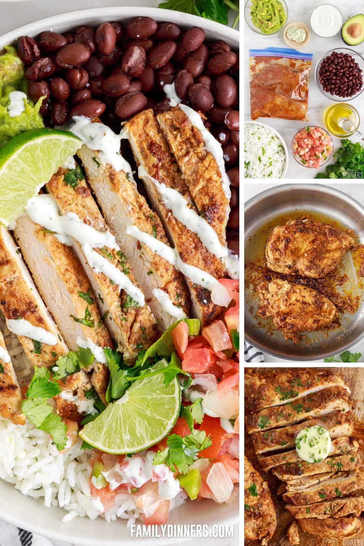 collage image showing how to make chipotle chicken for burrito bowls