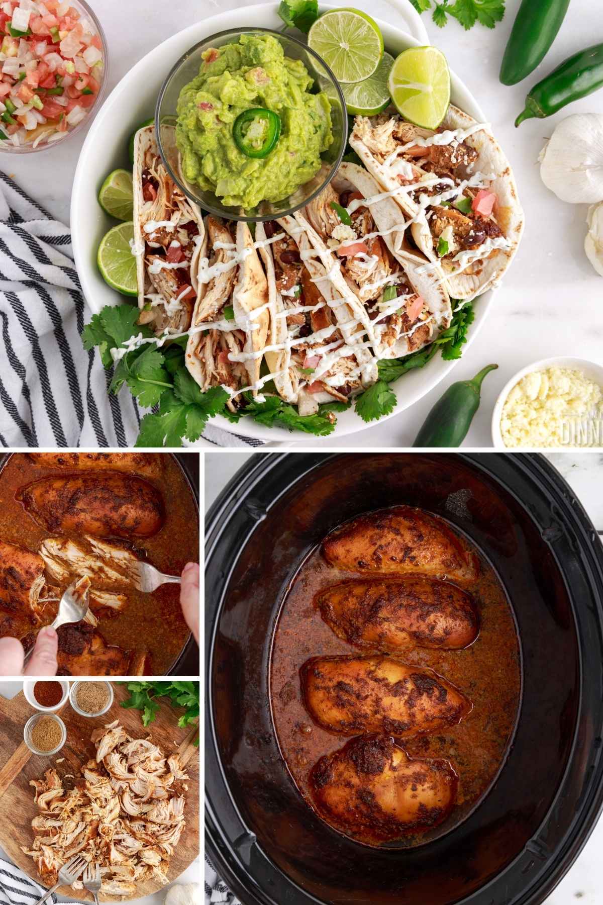 collage of images showing crock pot chipotle chicken being made in the crockpot and served as tacos