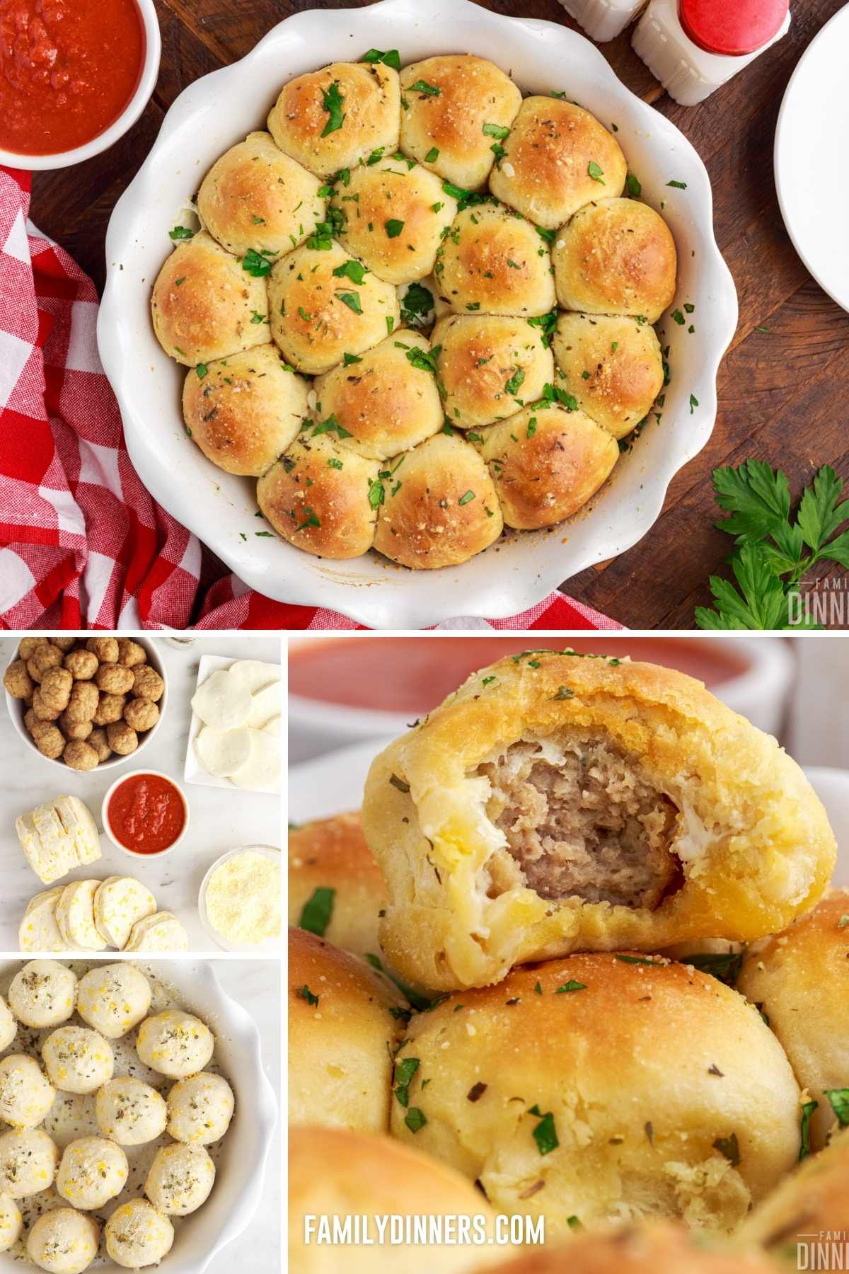 collage of images showing how to make meatball sub bombs