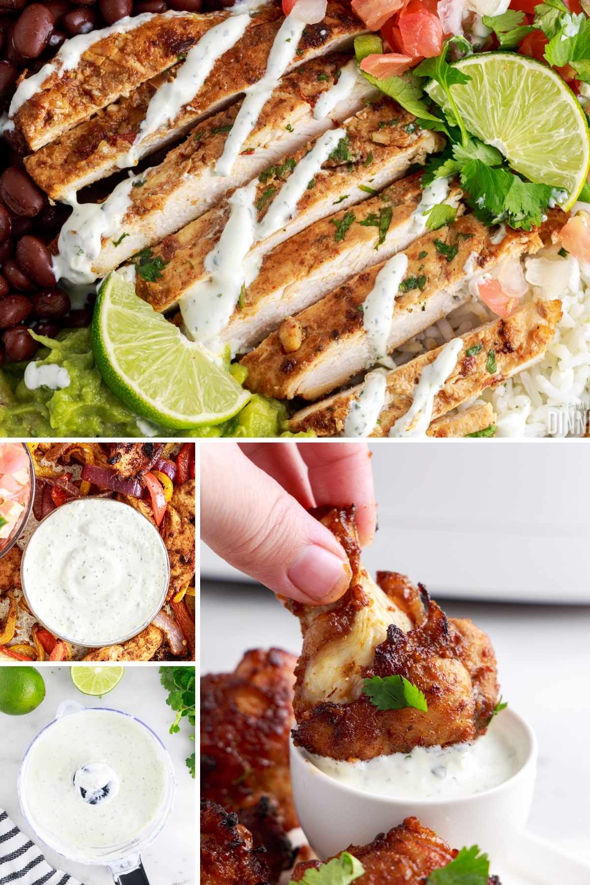 a collage of images with cilantro lime sour cream being used as a drizzle or condiment