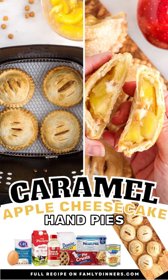 caramel apple cheesecake hand pie stacked on top of each other