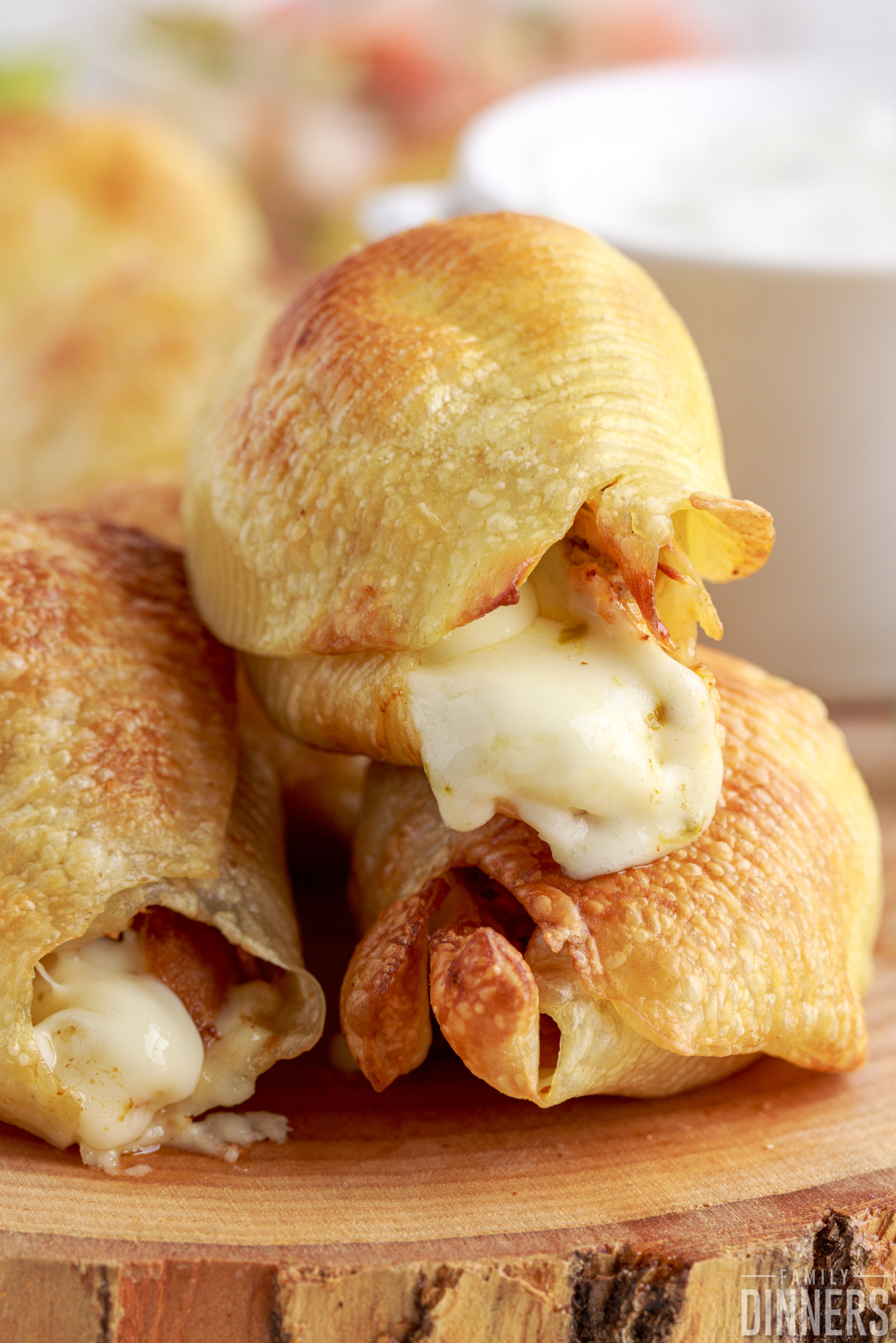 cheese oozing out of air fryer chipotle chicken stuffed pasta shells